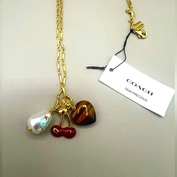 COACH Gold-Tone Charm Pendant Necklace with Cherry, Faux Pearl & Tiger Eye Heart
